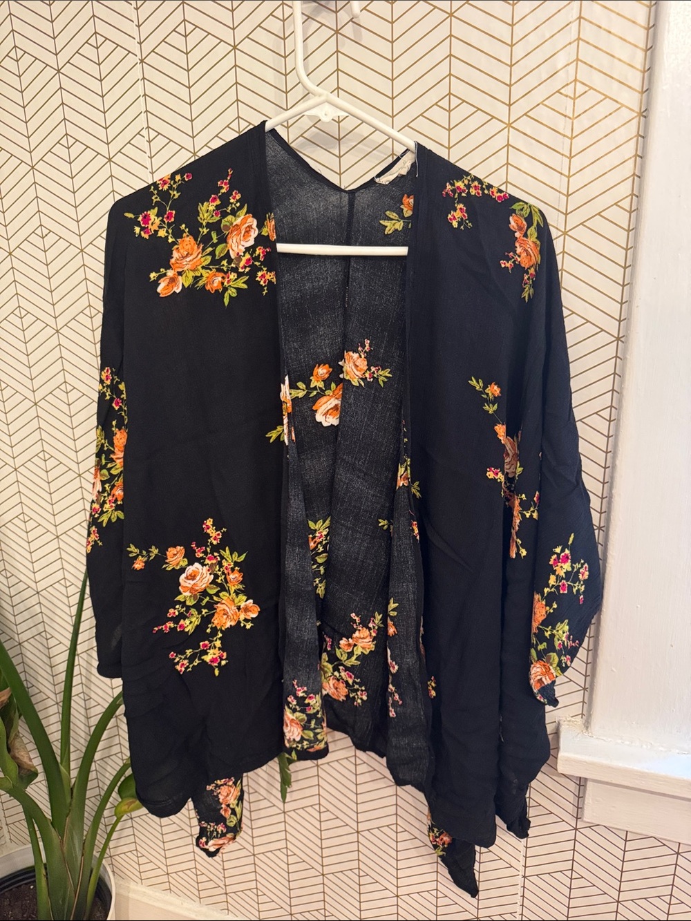 Black Floral Flowy Open-Front Kimono with Orange Rose Print